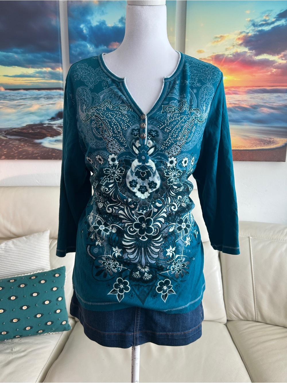 Floral Teal Long-Sleeve Henley Top
